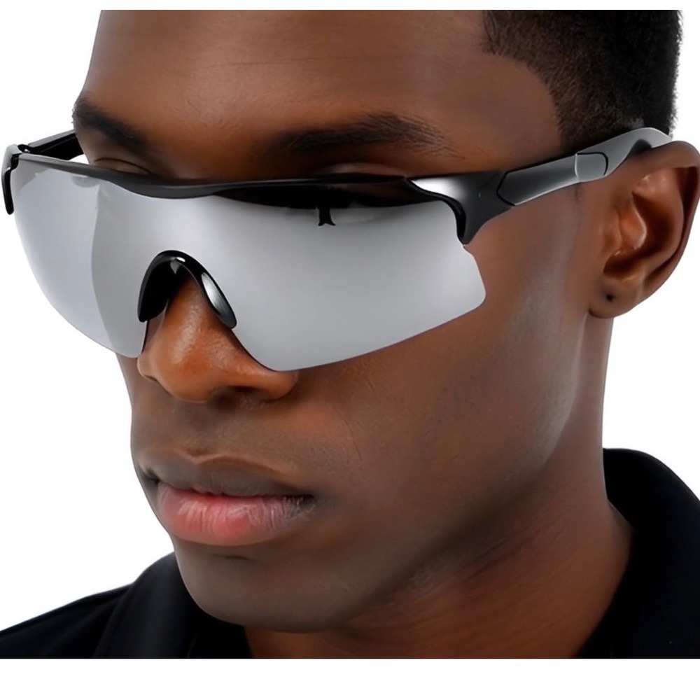 Mens Sport Performance Shield Sunglasses Silver Mirror Lens‎ Black Frame Lentes